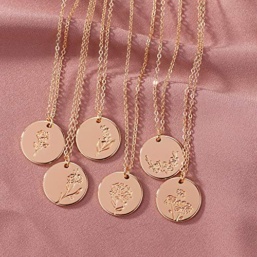 Birth Flower Necklace 18k Gold Engraved Custom Floral Pendant Necklaces Dainty Birth Month Flower Disc Charm Hand Stamped Flower Disk Necklace Personalized Jewelry Birthday Gift for Her